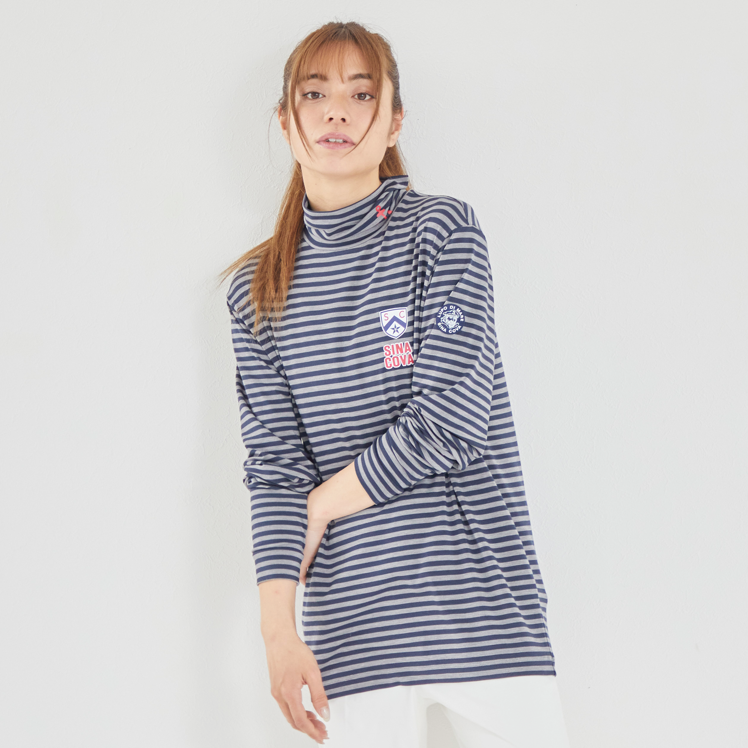 ボーダー柄 タートルネック長袖Tシャツ ユニセックス(男女兼用) 23250020